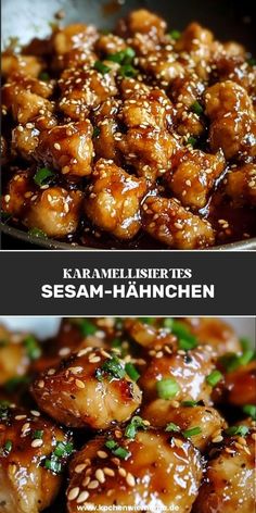 two pictures of sesame chicken with sesame seeds