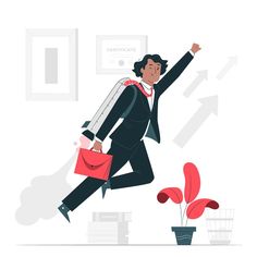 a man in a suit and tie is running with a briefcase on his back while holding a red bag