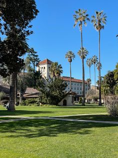 palm trees line the lawn in front of a large white building with a red roof