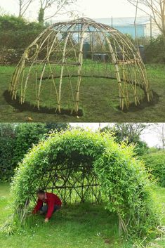 two pictures one with a man kneeling in the grass and another with a building made out of bamboo sticks