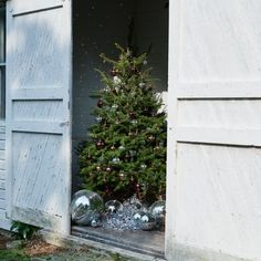 a small christmas tree sitting in an open door