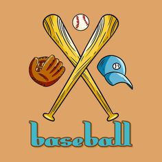 two baseball bats and a helmet with the word base ball written in blue on an orange background