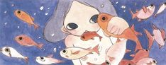 there is a drawing of a woman holding a dog in her arms and many fish around her