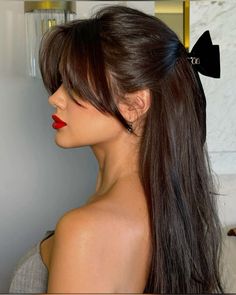 Classy Hairstyles With Curtain Bangs, Dressy Hair With Bangs, Best Haircuts For Long Fine Hair, Curtain Bangs Korean Hairstyle, Longer Side Bangs, Brunette Medium Length Hair With Bangs, Emily In Paris Haircut, Ponytail Pieces Haircut