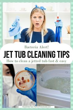 a woman in blue gloves is cleaning the bathtub and holding a bucket with liquid