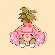 a pink sticker with a potted plant sitting on it's head in front of a beige background