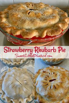 strawberry rhubarb pie is shown in this collage with the same pie crust