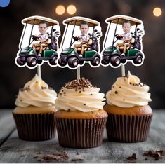 three cupcakes with the image of a man driving a golf cart