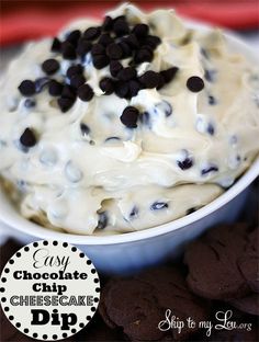 chocolate chip cheesecake dip in a white bowl