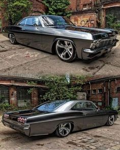 an old black car with chrome rims parked in front of a brick building and another photo