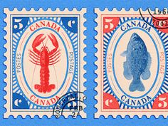 two postage stamps with lobsters and fish on them, one is blue and the other is red