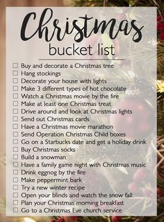 a christmas bucket list with ornaments on it