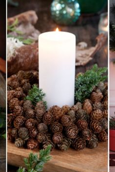 a white candle sitting on top of a wooden tray filled with pine cones