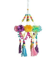 a multicolored wind chime hanging from a string with beads and tassels