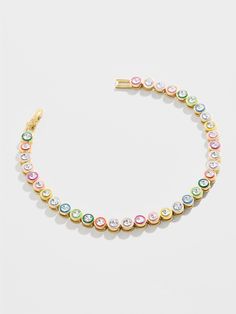 Introduce some color into your wrist stack with the Maria Tennis Bracelet. This dainty accessory is crafted with glass stones that are pigmented with soft, multicolored enamel. Perfectly chic and delicate, this tennis bracelet easily fits into your everyday jewelry rotation and adds some shine to special events. Wrist Stack, Wrist Stacks, Prime Time, Everyday Jewelry, Tennis Bracelet, Bracelet Stack, Custom Items, Special Events, Tennis