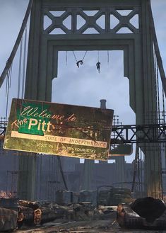 a sign hanging from the side of a bridge that reads, welcome to pitt state of engineering