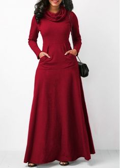 Wine Red Long Sleeve Cowl Neck Maxi Dress | Rotita.com - USD $33.08 Red Long Sleeve Maxi Dress, Dresses Club, Maxi Long Dress, Cut Clothes, Elegant Scarves, Red Pocket, Fashion Dresses Online, Club Party Dresses, Warm Dresses