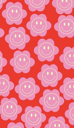 a red background with pink flowers and smiley faces on it's sides, as well as white lines in the middle