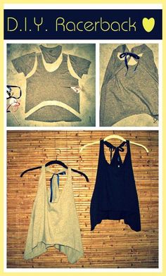 three pictures of clothes hanging on a bamboo wall with the words diy racerback