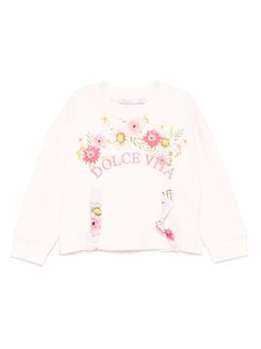 light pink cotton jersey texture crew neck drop shoulder long sleeves floral print to the front embroidered text to the front ruffled detailing front pouch pocket short side slits straight hem Embroidered Text, Dress With Jean Jacket, Baby Boy Accessories, Dolce And Gabbana Kids, Stella Mccartney Kids, Hoodie Girl, Pink Sweatshirt, Pink Cotton, Clothes Gift