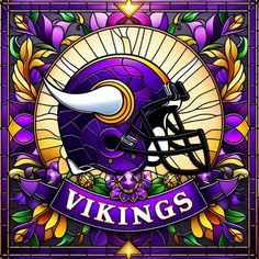 a stained glass window with a minnesota football helmet and the words, vikings on it