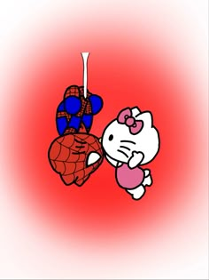 hello kitty hanging from a spiderman's web - net on a red background