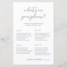 a printable wedding game with the words what's on your phone? in black and white