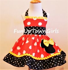 BIRTHDAY MINNIE MOUSE RED POLKA AND YELLOW WHITE POLKA DOT HALTER DRESS Red Minnie Mouse Party Dress, Fun Red Cotton Dress, Red Cotton Minnie Mouse Dress, Summer Halter Dress, Birthday Minnie Mouse, Minnie Mouse Red, Halter Dress Summer, Girls Red, White Polka Dot Dress