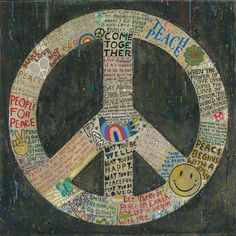 a peace sign with words written all over it