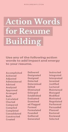 a pink cover with the words action words for resume building in white letters on it