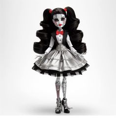 a doll with long black hair wearing a silver dress and red bow tie is standing in front of a white background