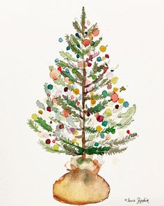 a watercolor painting of a small christmas tree