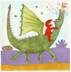 a drawing of a dragon with a little boy on it's back and a fire hydrant in the background