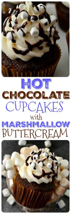 hot chocolate cupcakes with marshmallow buttercream frosting on top