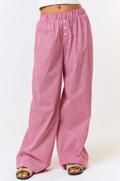 Gingham boxer pants featuring a relaxed fit and elastic waistband. Material: Cotton/Spandex Model is 5'4" and wears a size small Boxer Pants, Wide Leg Lounge Pants, Gingham Pants, Cozy Day, Crop Top Sweatshirt, Scarf Top, Sweater Crop, Red Gingham, Crop Top Sweater