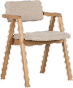 a wooden chair with a beige upholstered seat and backrest, viewed from the front