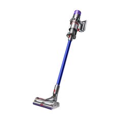 a blue and silver vacuum cleaner on a white background