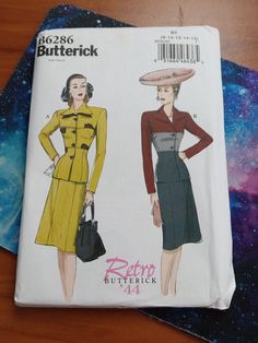 Misses' jacket and skirt: semi-fitted, lined jacket has collar, shoulder pads, seam detail and front button closing. A: under collar and mock-pockets. Semi-Fitted skirt has waistband, side-front seams and snap or zipper closing with placket or extension. Designed for lightweight to medium-weight woven fabrics. Fitted Skirt Suit With Pockets For Fall, Classic Fitted Skirt Suit With Pockets, Retro Fitted Winter Skirt Suit, Retro Winter Fitted Skirt Suit, Retro Fitted Long Sleeve Skirt Suit, Retro Long Sleeve Skirt Suit For Work, Retro Fitted Blazer With Flat Front, Retro Fitted Lined Outerwear, Retro Fitted Outerwear With Covered Buttons