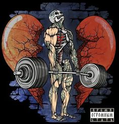 a skeleton holding a barbell in front of a heart