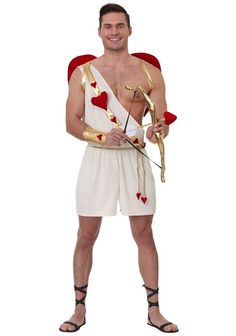 a man dressed in an ancient greek costume holding a bow and arrow with hearts on it