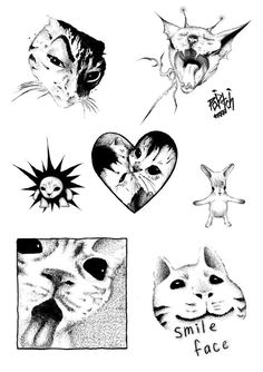 some drawings of cats with faces on them