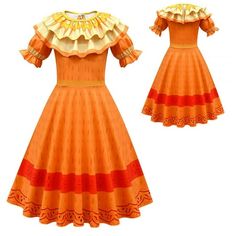 an orange dress with ruffles on the shoulders and collared neckline is shown