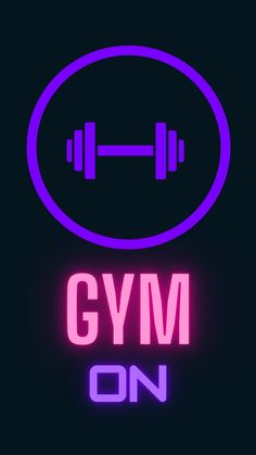 the gym on sign is lit up in purple and pink colors with dumbbells above it