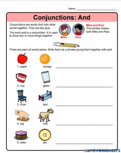 the worksheet for conjunctions and in english with pictures on it, including an apple