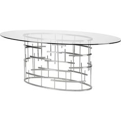 an oval glass table with metal frame around the top and bottom, on a white background