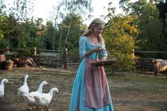 a woman in a blue dress holding a basket next to ducks