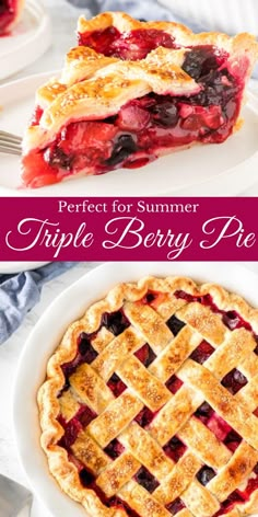 a pie on a plate with the words mixed berry pie in front of it and an image of a pie