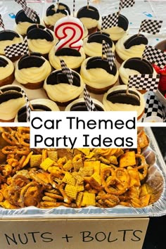 cupcakes and snack mix for a birthday party 3rd Birthday Food, Cars Theme Bday Party, Nascar Themed Food, 2 Fast Birthday Party Food Ideas, Race Food Ideas, Racing Food Ideas, Food For Race Car Birthday, Car Charcuterie Board, 2 Fast Cars Birthday Party