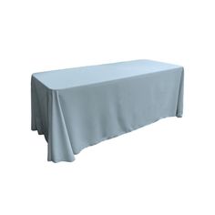 a long table covered with a light blue tablecloth on an isolated white background for display or montage