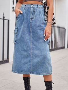 High-Rise Retro Cargo Side Pocket Elastic Waist Denim Jean Back Slit Midi Skirt This retro denim skirt is a elevated choice that will have you looking fashionably chic in any setting.Vintage style with a modern contemporary twist that effortlessly transitions from day to night, making this a playful choice.Retro high elasticized waist offers confidence, comfort and functionality while creating an elongated silhouette that enhances your curves while preventing muffin top.Sleek hippie girl-next-do Girls Denim Skirts, Denim Button Skirt, Midi Skirt With Pockets, Denim Skirts, Skirt With Pockets, Maxi Dress Formal, Mid Length Skirts, Girls Denim, Jeans Rock